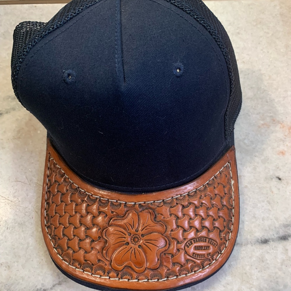 Elegant Blue and Brown Tooled Floral Leather-Brim Cap